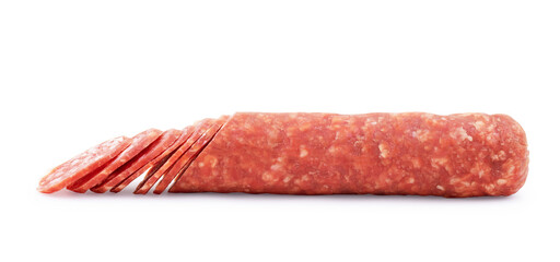 Top view of delicious whole salami isolated on white