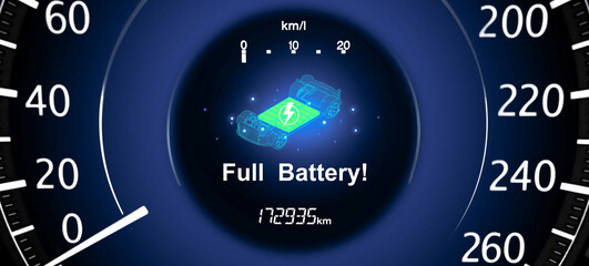 Full battery warning light on speedometer instrument panel of EV electric vehicle, Electric car...