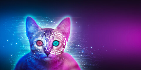 Funny cyber cat with big eyes on digital dark background. AI artificial intelligence technology concept, 3d rendering