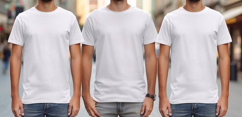 Three young guys in blank oversized xxl white t-shirt. Mock up template. Generative Ai.