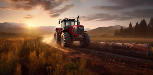 Sunset in the countryside. Tractor on a large field, creating beds to sow seeds into purified soil. The agricultural vehicle. Generative Ai.