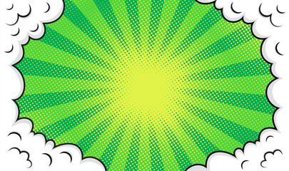 Cartoon Superhero banner with clouds, frame and green halftone. Retro poster with balloons. Funny shape in comic style. Pop art background. Sky air texture. Vintage sunburst effect Vector illustration