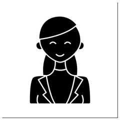 Middle adulthood glyph icon. Mature period. Skilled woman. Life cycle. Different ages concept.Filled flat sign. Isolated silhouette vector illustration