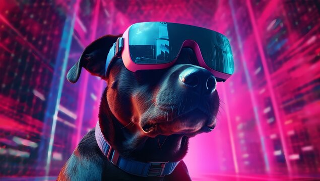 Dog Rottweiler wearing a VR headset. Virtual reality VR simulation, metaverse and cyberspace. AR augmented reality. Cyberpunk. Generative Ai.