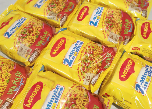 Guwahati, Assam/ India - April 22,2020 : Packets of India's most popular noodle brand Maggi displayed in a shop.