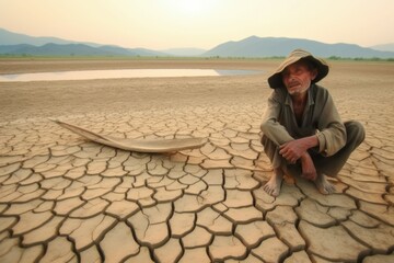 An old man near the former shore with a dried pond. Climate change concept. AI generated, human enhanced