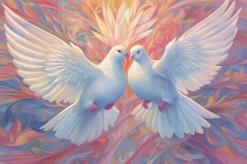 White doves on pastel background symbolize peace. (Illustration, Generative AI)