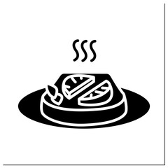 Toast with tomato glyph icon.Fresh bread with slices tomato on a plate.Homemade recipe. Filled flat sign. Isolated silhouette vector illustration