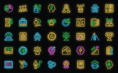 Personal Growth Training icons set outline vector. Self development. Care study neon color on black