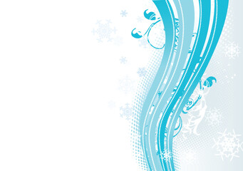 Surreal snowflakes design .  Blue abstract background with waves, ribbons and snowflakes. Vector illustration.