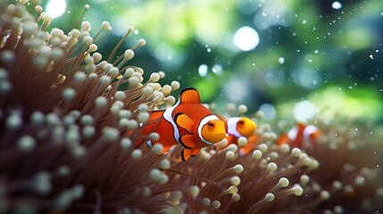 Naklejka na ściany i meble a group of fish swimming in anemone. Generative AI Art.