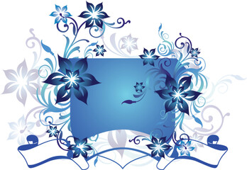 Banner with florish design elements, with blue gradient and curves.