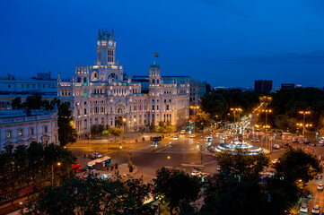 Madrid, Spain.18.05.2023.Panoramic night view of the Madrid City Hall with Paseo Recoletos and Plaza de Cibeles.