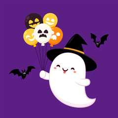 Cute ghost floating for Trick or Treat. Funny spooky boo character. Spook phantom with happy smiling face expression. Isolated kids flat vector illustration. Halloween balloon vector.