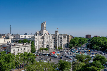 Madrid, Spain.18.05.2023.Panoramic view of the Madrid City Hall with Paseo Recoletos and Plaza de Cibeles.