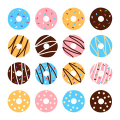 Colorful donuts set on white background. Unhealthy frosted treat with chocolate vanilla cream icing streusel topping. Flat doughnut collection. Fresh decorated snack. Sweetness vector illustration.