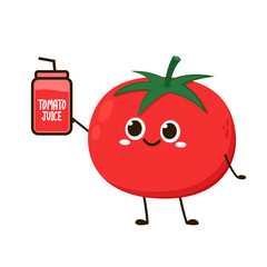 Cute tomato character design. Happy vegetable vector illustration. Cartoon tomato. Tomato juice.