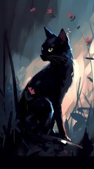 A digital painterly illustration of a black cat. Generative AI. 