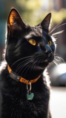 A black cat wearing a collar, with backlighting. Generative AI. 