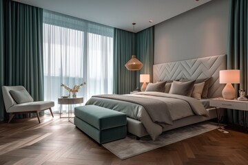 modern cozy bedroom room with one good bed, ai tools gennerated image