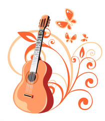 Guitar and vegetative pattern on a white background. Digital illustration.