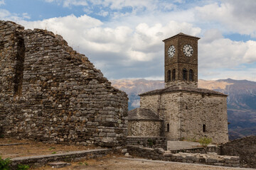 Fototapeta na wymiar Clock tower of castle in Gjirokaster, Albania
