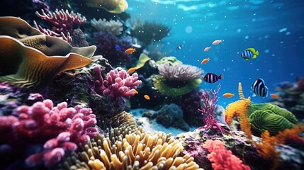 Obraz na płótnie Canvas a group of fish swimming in a coral reef. Generative AI Art.