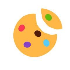 Cookie with colorful candy and missing bite isolated on white background. Gourmet crispy meal sign or logo flat design. Baked wholemeal wheat broken dessert. Yummy breakfast food vector illustration.