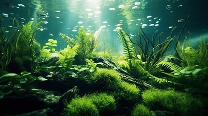 a underwater scene with plants and rocks. Generative AI Art.