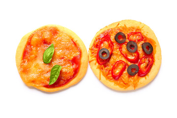 Different tasty mini pizzas on white background