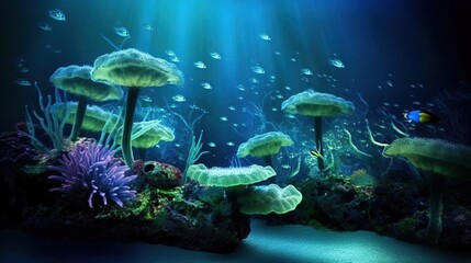 Fototapeta na wymiar a underwater scene with corals and fish. Generative AI Art.