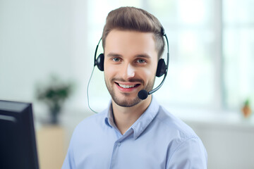 Portrait of Technical Support Operator With Headset: AI Generated Image - obrazy, fototapety, plakaty