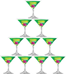 a triangle shape made by 10 glasses of martini, for celebration, vector, illustration