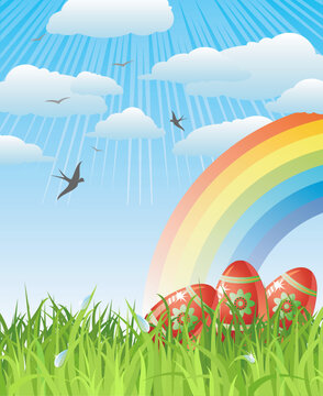 easter with eggs, birds and rainbow / vector