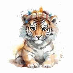 Litte tiger watercolor drawing. Tiger with native american indian chief accessories with feathers. Cute tribal tiger in boho style watercolor drawing on a white background. Generative ai illustration