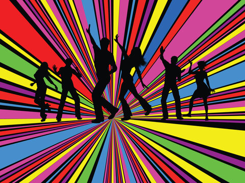 Silhouettes of people dancing on brightly coloured background