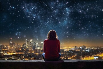 Reflective Moment: Person Overlooking Night City from Skyscraper. - obrazy, fototapety, plakaty