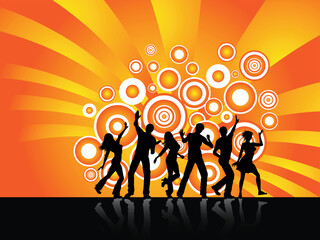 Fototapeta premium Silhouettes of people dancing on retro background