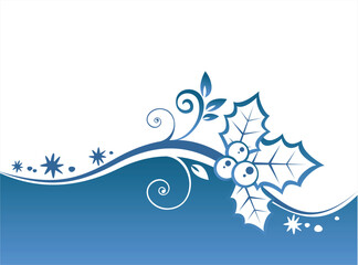 Blue curls and holly berry pattern on a blue ornate background. Christmas illustration.