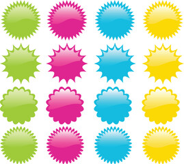 Brightly coloured startburst buttons