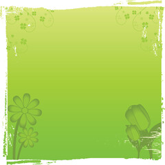 Distressed green background with tulips and daisies