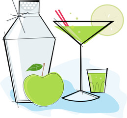 Retro-stylized cocktail spot illustration: Green Apple Martini