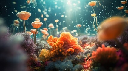 Fototapeta na wymiar an underwater scene with orange and purple plants and plants. Generative AI Art.