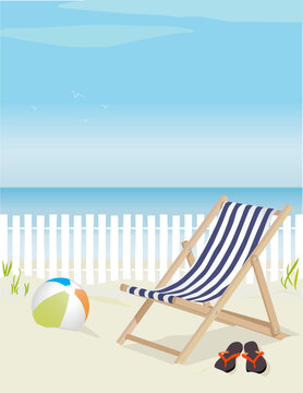 Nice deck chair at the beach, complete with beach ball and flip-flops; Easy-edit layered file. Lots of copy space.