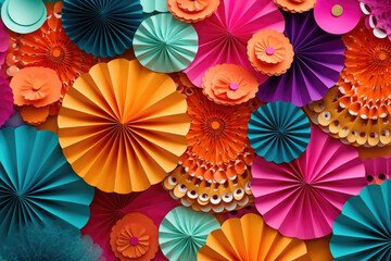 Fototapeta na wymiar Colored background made of paper colorful fans. Decoration textured with layers. Generative AI
