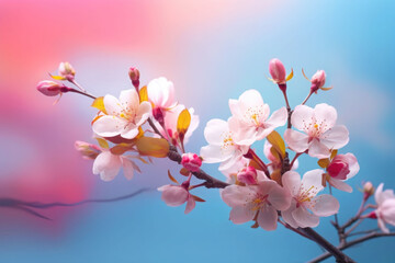 Obraz premium Branch of blossom tree on the blue sky background. Generative AI