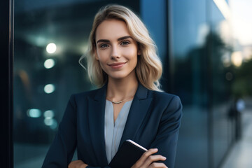 Young businesswoman standing confident with crossed hands in front of the corporate building. High quality photo Generative AI - obrazy, fototapety, plakaty