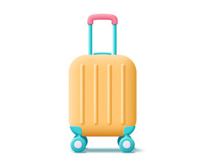 3D luggage vector icon. Render yellow suitcase for vacation, holiday, tourism, travel, booking, business and time to travel concept. 3d rendering luggage cartoon minimal illustration