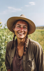 Smiling young woman biodynamic farmer, his looking is happy and professional - ai generative