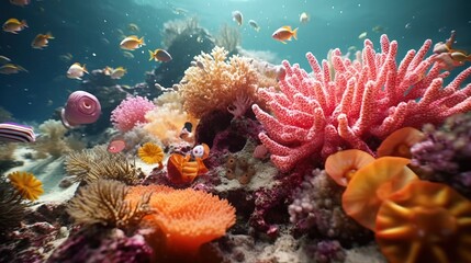 Naklejka na ściany i meble a coral reef with fish and corals. Generative AI Art.